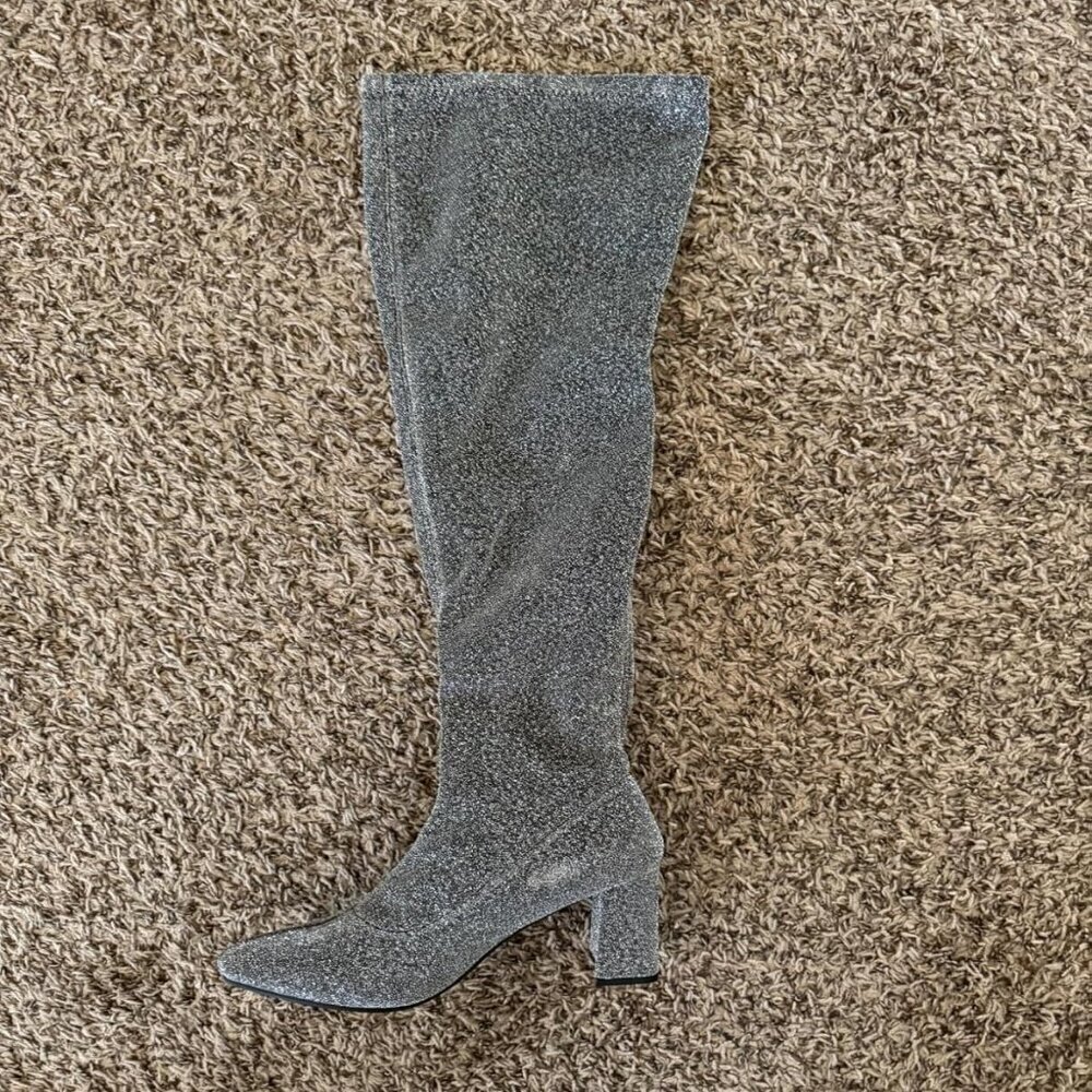 🆕Women's Silver Synthetic Thigh High Pointy-toe Shiny Dressy Over The Knee Boot